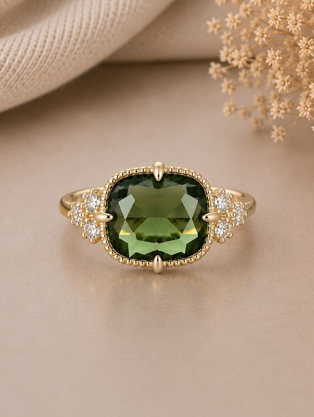 Green Cushion-Cut Gemstone Fashion Ring in Gold